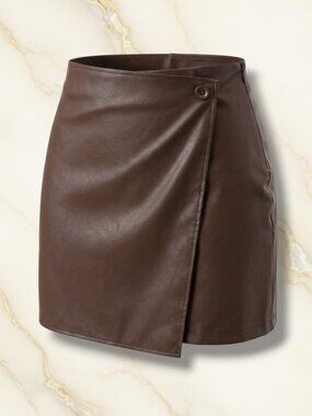 Cerise Blue Brown Faux-Wrap Faux Leather Mini Skirt S